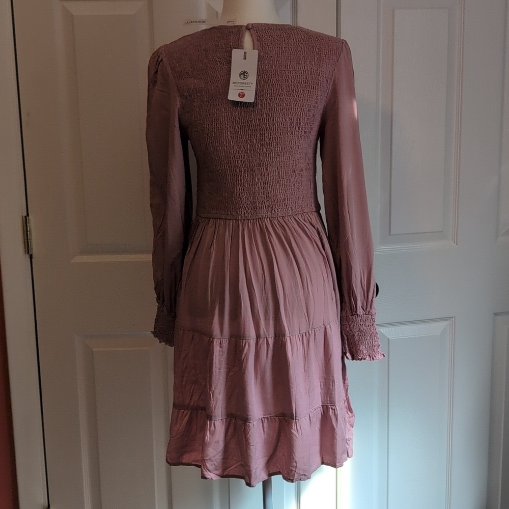 Merokeety Pink Long Sleeve High Waisted Flowy Boho Mini Dress NWT - Picture 6 of 9